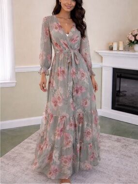 EXPRESS Green and Pink Floral Tie Waist Ruffled Leg Slit Maxi Dress M NWOT